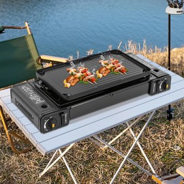 Portable Butane Stove, Double Burner Camping Stove with Carrying Case Auto Ignition Camping Butane Burner for RV, Apartments, Outdoor Traveling (With Grill Tray)