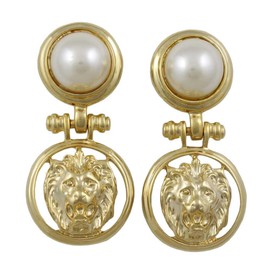 Lilylin Designs Large White Imitation Pearl with Lion Head Doorknocker Pierced Earring