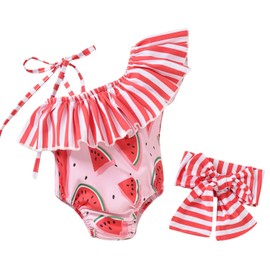 HINTINA Traje de baño de una pieza para bebés y niñas, con hombros descubiertos, traje de baño de playa, Sandía/rafia, 6-12 Meses