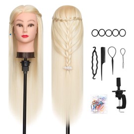 DanseeMeibr Hairdressing Head, 26-28 Inches, 100% Synthetic Hair, Soft Professional Hairdressing Head, Training Head with Holder + DIY Hair Styles Set (Blonde)