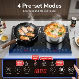Portable Induction Cooktop 2 Burner - 1800W Double Induction Cooker with 8 Power Settings, 4 Pre-Set Modes, Ultra Thin Design, Sensor Touch Control, Child Safety Lock & Timer | Electric Cooktop