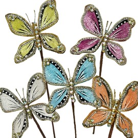 Butterfly Stem, Pick– Set of 5- Assorted Colors - HandCraft Butterflies on Stem - Wedding, Easter, Party, Gift, Spring Home Decor, HolidayTree Floral Jeweled Butterly Stems (HTP-52486, 5" Dia x 20"H)