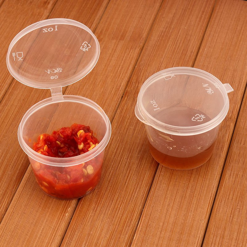 ZEONHEI 200 PCS 1oz Clear Round Hinged Pots, Sauce Pots