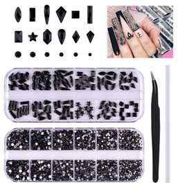 3120 Pcs Black Nail Art Rhinestones Kit EBANKU Mixed Shape Nail Crystal Stones Jewel Flatback Nail Gems Rhinestones for Nails Craft
