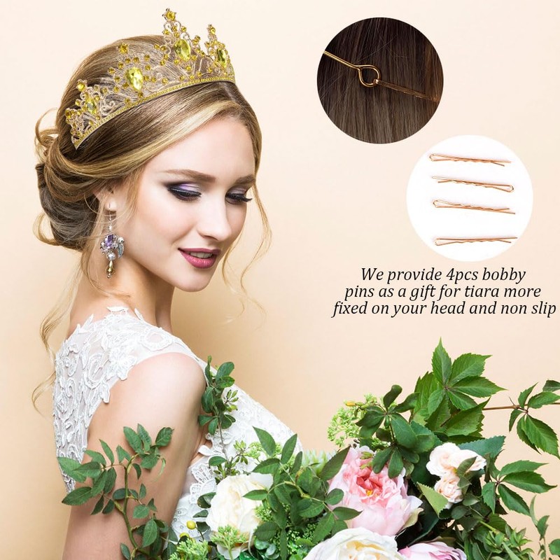 AHONEY Gold Crown Tiara for Women - Yellow Crystal Rhinestone