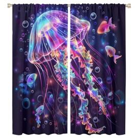 TOWINSFB Colorful Jellyfish Fish Blackout Curtains for Bedroom Living Room, Fantasy Glowing Marine Life Thermal Insulated Room Darkening Curtain- 2 Panels, Each 21" W x 45" L