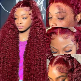 26 Inch 99j Burgundy Lace Front Wigs Human Hair 13x4 Deep Wave Lace Front Wigs Human Hair Pre Plucked 180% Density HD Transparent Wet and Wavy Red Colored Curly Human Hair Wig for Women with Baby Hair