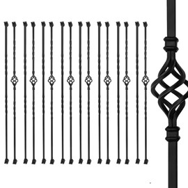 16 Pack Wrought Iron Stair Balusters – 44" Hollow Single Basket & Double Twist Design, 1/2" Square Black Metal Spindles with 32 Swivel Shoes for Indoor/Outdoor Staircase Remodeling