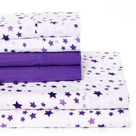 American Home Collection 4 Pieces Printed Bed Sheet Set Brushed Microfiber Wrinkle Free 14 Inches Deep Pocket Patterned Sheets (Twin, Purple Stars)