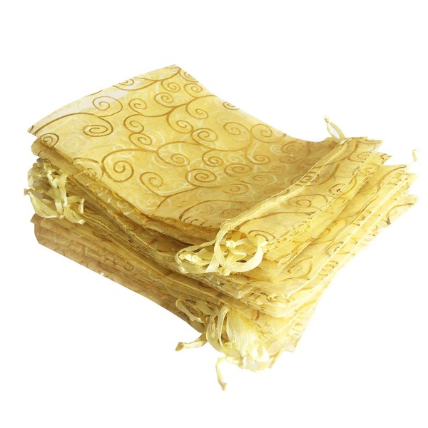 100 Pcs 4x6 inch Gift Wrap Bags Gold Rattan, Organza Sheer Clear Tulle Fabric, Drawstring Mesh Bags for Baby Shower Favor, Jewelry, Birthday Party Favor,Sachet,Christmas Favour,Craft Business,Jewelery