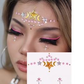 Nirbffo Star Moon Face Sticker Face Decoration Pink Golden Glitter Fake Tattoo Rhinestones for Women Party Face Jewels Stick 2 Pieces