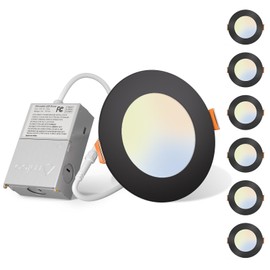 Amico 6 Pack 4 Inch 5CCT Ultra-Thin LED Recessed Ceiling Light with Junction Box, 2700K/3000K/3500K/4000K/5000K Selectable, 11W Eqv 70W, Dimmable Canless Downlight, 800LM High Brightness,Black