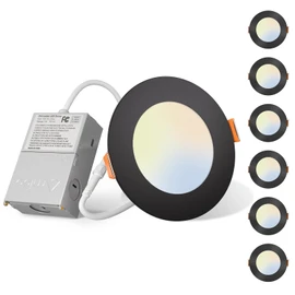 Amico 6 Pack 4 Inch 5CCT Ultra-Thin LED Recessed Ceiling Light with Junction Box, 2700K/3000K/3500K/4000K/5000K Selectable, 11W Eqv 70W, Dimmable Canless Downlight, 800LM High Brightness,Black