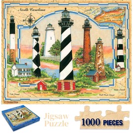 Heritage Coastal Lights of North Carolina Jigsaw Puzzle by Donna Elias - 1000 Pieces - Coastal Theme Puzzles for Adults - Size 30"x24" - Historical Beach Puzzle Made in U.S.A.