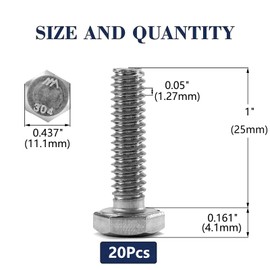 1/4-20 x 1 Hex Head Screw Bolt, 20Pcs 18-8 (304) Stainless Steel, Fully Threaded, Plain Finish, by SG TZH