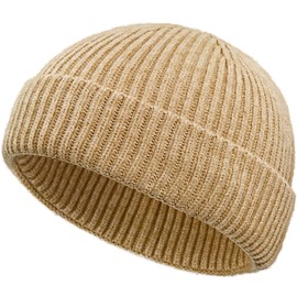 Wool Fisherman Beanies for Men Women, Short Knit Fall Winter Warm Beanie, Watch Cap, Cuffed Trawler Hats, Skull Caps Apricot
