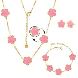 UOOANUO Clover Neckalce Bracelet Earring Set for Women 14K Gold Plated Stainless Steel Four Leaf Clover Jewelry Set (pink)