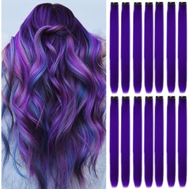 Clip-In Hair Extensions, Purple Coloured Hair Strands, Party Highlights, Straight Long Hairpieces, Rainbow Hair Accessories for Women, Girls and Children, 55 cm, Pack of 16