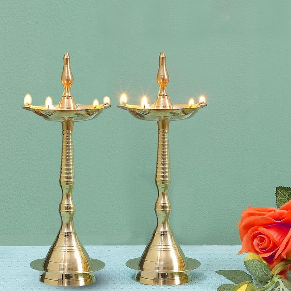 Brass Kerala Diya Diyas Diya Lamp for Puja Diwali Diyas [ 6 inch, Set of 2, Small ] Traditional Samai Lamp Kutthu vilakku Panchmahal Deepam - Indian Diwali Gifts Hashcart®