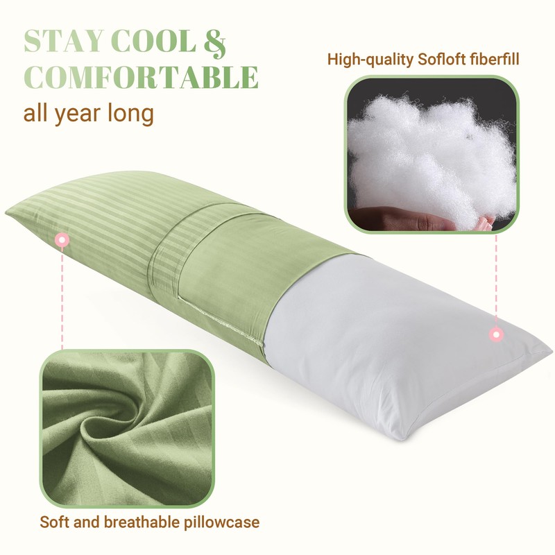 Cosybay Full Body Pillow Insert with Sage Green Pillowcase -