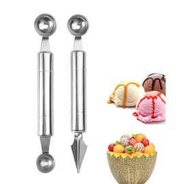 JEXOWIQ 2 x Melon Cutters, Melon Spoons, Ball Cutters, Dual Purpose Melon Cutters, Fruit Carving Tools, Multifunctional Kitchen Appliances Made of Stainless Steel, Ball Cutter Melon