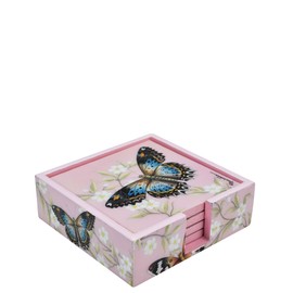 Anuschka Mango Printed Wood Coasters - Home Goods Collection - 4 Wooden Coasters and Storage Holder - Butterfly Melody