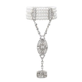 Metme 1920s Flapper Bracelet Ring Set Gatsby Accessories Imitation Pearl Crystal Bracelet Adjustable Ring