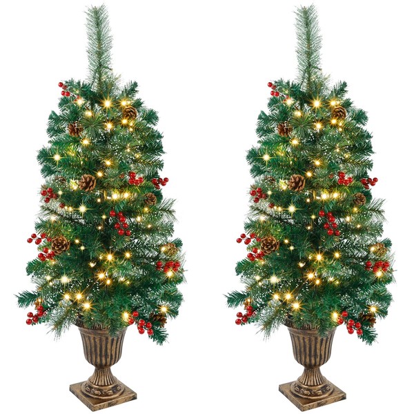 Juegoal 2 Pack Christmas Tree, 3 FT Upgrade Pre-Lit Artificial Spruce Entrance Trees in Gold Urn Base with 100 LEDs Lights, Pine Cones, Red Berries for Front Door, Porch, Entryway Xmas Decorations