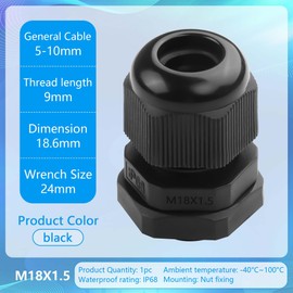GINTOOYUN 10PCS M12x1.5 Cable Gland 3mm-6.5mm Wire Hole Waterproof Nylon Joint Adjustable Locknut with Washer (M18x1.5)