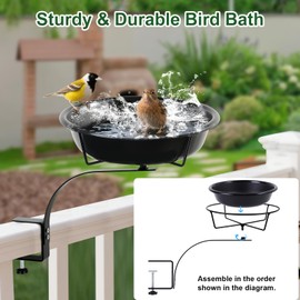 lounginglife 10.6-Inch Bowl Deck Mounted Bird Bath for Outside, Metal Birdbaths for Outdoors, Outdoor Bird Bath with Adjustable Clamp for Railing Balcony Fence, Bird Feeders for Outdoors Garden Decor