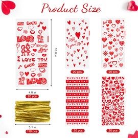 Mauproy 100Pcs Valentines Treat Bags, 10.6 x 4.8 Inches Valentines Cellophane Candy Bags, 5 Styles Red Goodie Bags Gift Bags Bulk with 110Pcs Twist Ties for Cookies, Snacks, Party Favor Supplies