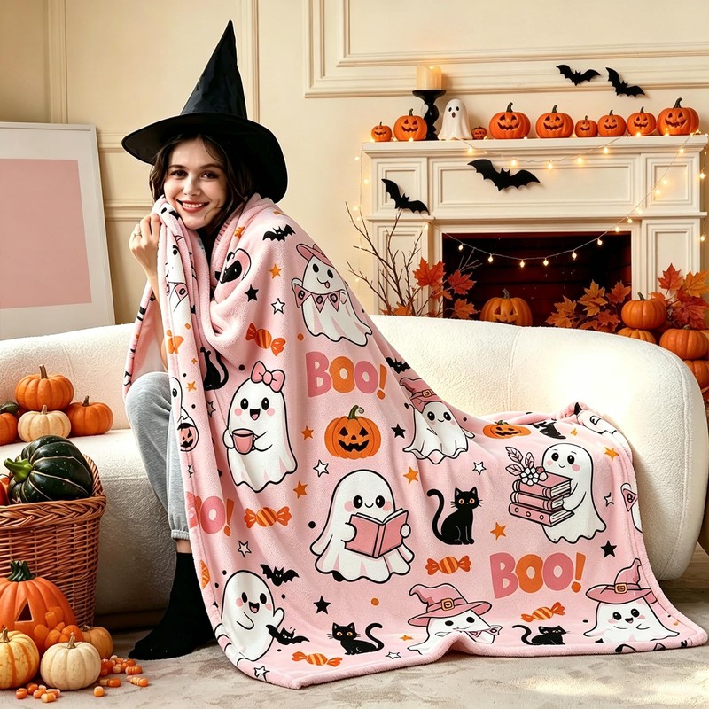 Halloween Pink Ghost Blanket Throw, Pumpkin Black Cat Throw Decor