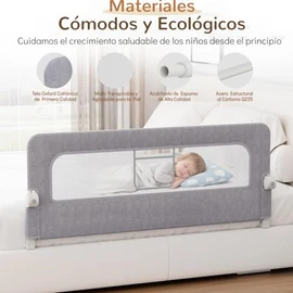 Toketa Barandal para Cama, Barandales para Cama Plegable, Tela Catiónica de Alta Densidad, Altura Ajustable 61-75 cm, con Cierre de Seguridad y Correa de Fijación, para Todo Tipo de Colchones (1.8m)