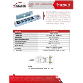 Visionis FPC-7311 VIS-ML300LED Indoor Electromagnetic Lock 300lbs for Out Swinging Door with VIS-7001 Door Bell Type Push to Exit Button NC, COM and NO Outputs for Access Control, 2 Amp Power Supply