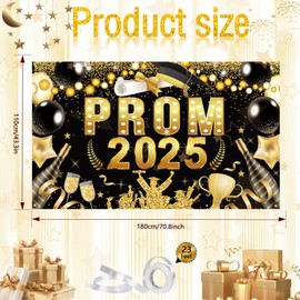 Qpout Prom 2025 Banner,Black Gold Graduation Photo Backdrop,Large 71x43.3 Inches, Stunning Prom Decorations & Party Supplies for Class of 2025