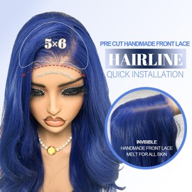 Lace Front Wig, 6x5 Wear and Go Glueless Body Wave Synthetic lace front Wigs, 26Inch Pre Plucked Pre Cut HD Lace Frontal Wig With Baby Hair (Blue, 6x5)