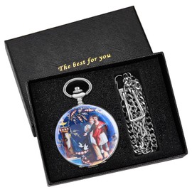 Steel Shell Blue Porcelain Two Person Pattern Design Mechanical Pocket Watch, Men's Mechanical Movement Roman Numeral Dial Single Opening Pocket Watch