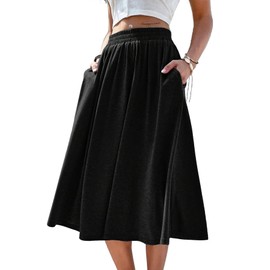 SOFIA'S CHOICE Women's High Elastic Waist Midi Skirt with Pocket A Line Swing Skirts Black Large