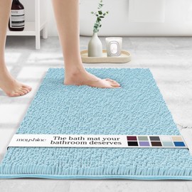 MAYSHINE Small Plush Shaggy Chenille Bath Mat, 24"x17" Extra Soft, Super Absorbent, Non-Slip Bathroom Rug | Fluffy Microfiber, Area Rug Sets for Bathroom Floor, Kitchen, Living Room | Spa Blue