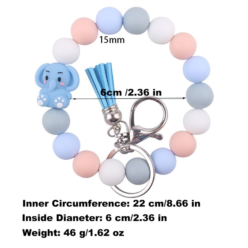 Animals Beaded Silicone Bracelet Wristlet Keychain, Cat Dog Elephant Lamb