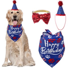 Dog Birthday Bandana with Party Hat Bow Pet Birthday Set Triangle Scarf Supplies Blue for Boy Dogs Puppy