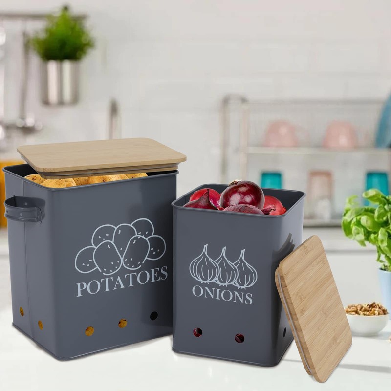 Kitchen Vegetable Storage Tins Set of 2 for Potatoes, Onion,