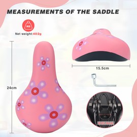 Children's Bicycle Saddle - Extra Soft & Waterproof Bicycle Seat for Boys/Girls - Non-Slip Padding, Wide Bicycle Cushion Dual Shock for 12 14 16 18 20 Inch Mountain Bike (Small Pink Flower)