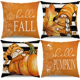 KISVODS Fall Pillow Covers 16x16 Thanksgiving Farmhouse Decorations Black Striped Maple Leaf Pumpkin Outdoor Fall Decor Throw Pillow Covers Gnomes Autumn Harvest Cushion Case for Sofa Couch Set of 4
