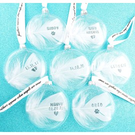 A Round Glass Bauble Any Name Date Hand Stamped White Feather. Angels Are Near Ribbon
