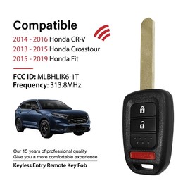 2 Keylessbest Replacement for 2016 2017 2018 2019 Honda CR-V Crosstour Fit Key Fob Remote Control MLBHLIK6-1T 3 Buttons 313.8MHz