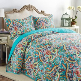 VAPUTAR Quilt Queen Bedding Set - Soft Cotton Quilts with Paisley Floral Pattern - Lightweight Reversible Bedspreads for Farmhouse (3 Pieces, Bright Teal)