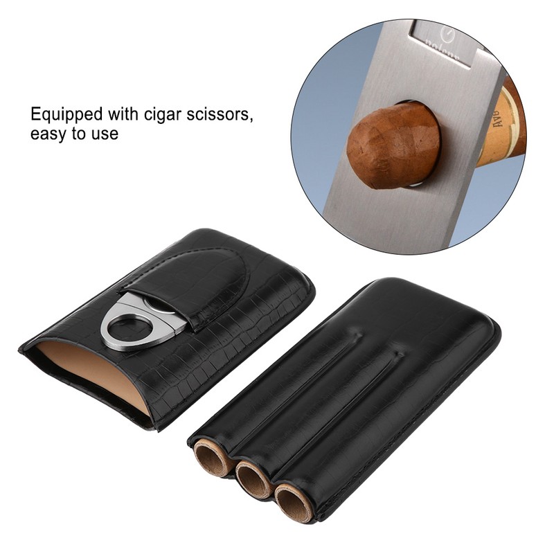 Crocodile Grain Faux Leather 3 Tube Cigar Travel Case Holder