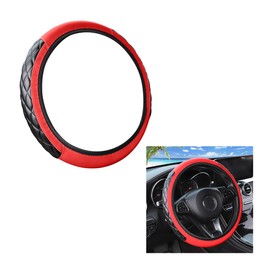 AUCELI Elastic Car Steering Wheel Cover, Stretch Leather Breathable Vehicle Steer Wheel Protective Wrap, Anti-Slip Odorless Steer Wheel Protector, Universal Automotive Interior Accessories (Red)