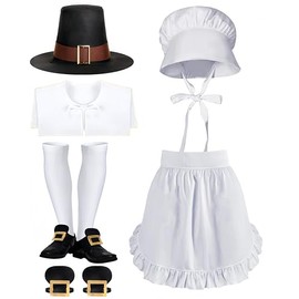 Chicingyou 7 Pcs Pilgrim Dress up Accessories for Women Men Pilgrim Top Hat Bonnet Collar Apron Colonial Costume Knee High Socks Shoe Buckle Historical for Historical Dress up
